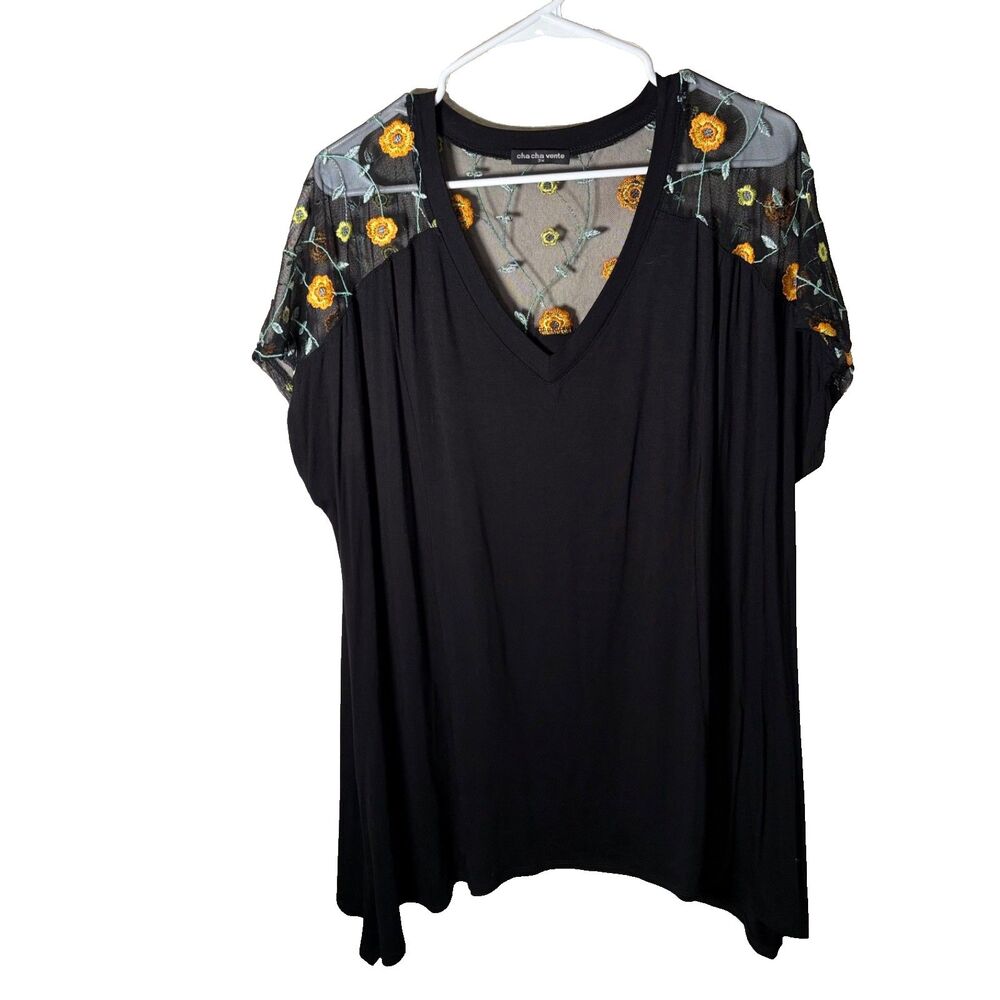 Cha Cha Vente T-Shirt Women's 3X Black Mesh Embroidered Short Sleeve Top